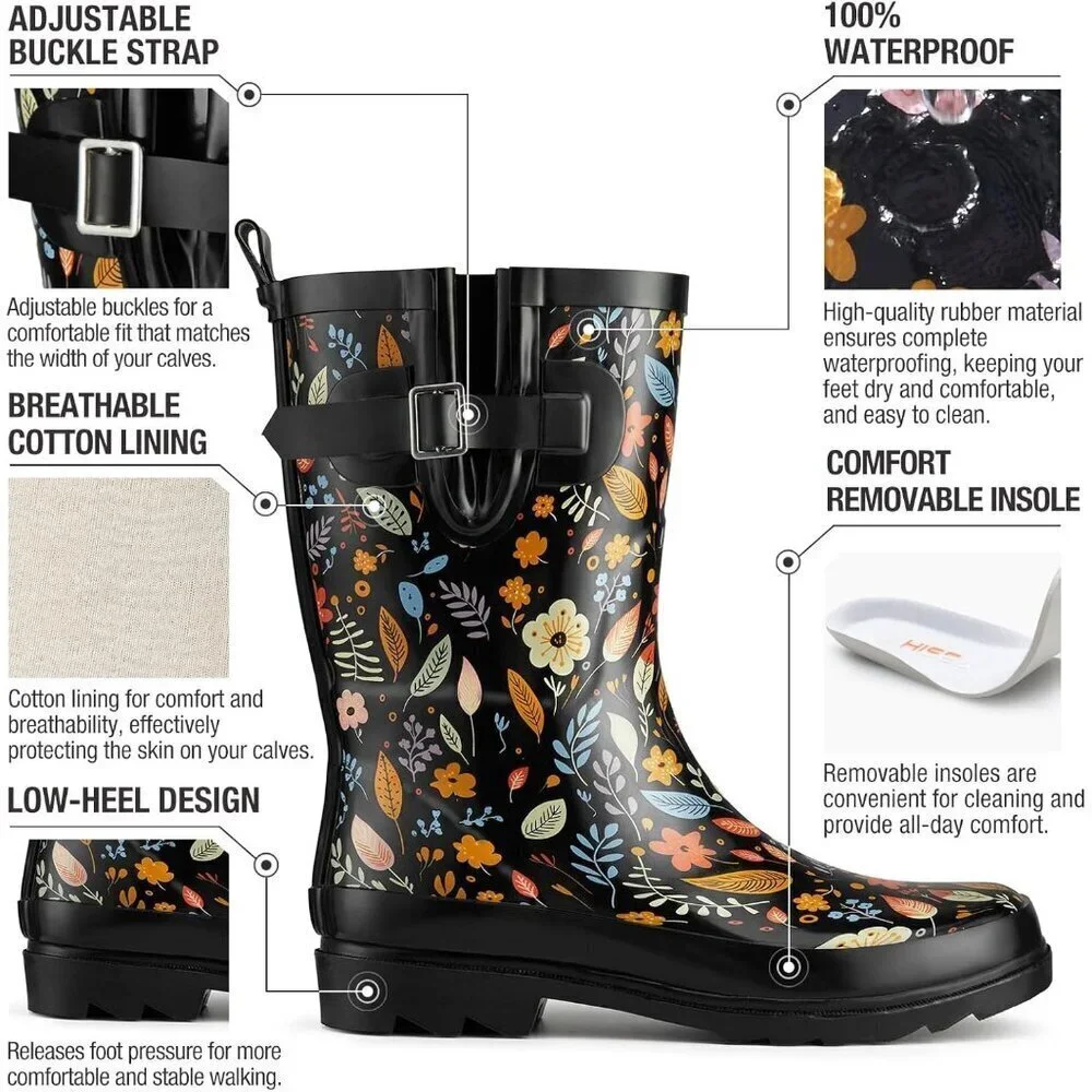 Women's Fashionable Waterproof Garden Mud Rubber Rain Flower Leaves Black Boots - Picture 6 of 8